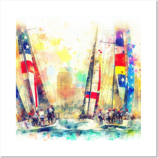 Abstract looking illustration of a sailboat race in stormy looking weather, and high seas. Wall Art by WelshDesigns